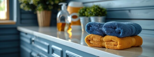 stack of orange and blue towels on blurred bathroom background. laundry, washing concept. domestic use, promoting purity and freshness. banner