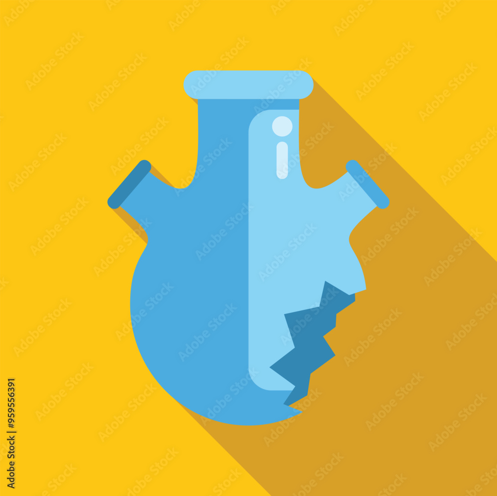 Sticker blue chemical flask with a broken side is casting a long shadow on a yellow background