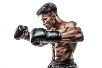 photoshot of Asian Sportsman muay thai boxer fighting in gloves looking camera. Isolated on white background