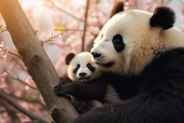 Fototapeta premium Adorable panda mother and her baby cuddling together on a tree branch, showing tender moments and close bonding
