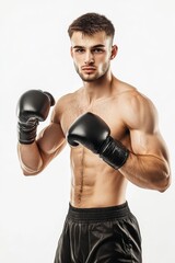 Portrait of a Europe boxer in a pose ready to fight on white background