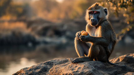 Obraz premium Captivating Wildlife: Baboon Holding Fruit in Serene African Landscape at Sunset