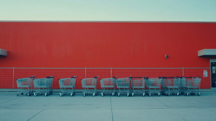 A group of shopping carts neatly arranged outside a retail store, ready for customers