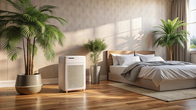 White modern air purifier and dehumidifier set in a serene bedroom with beige-brown walls and gray bed linens, bathed in sunlight that highlights a tropical palm tree on a wooden parquet floor. The ro