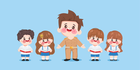 Cute cartoon student reading a book and teacher in uniform back to school character. Thai school uniform premium vector.