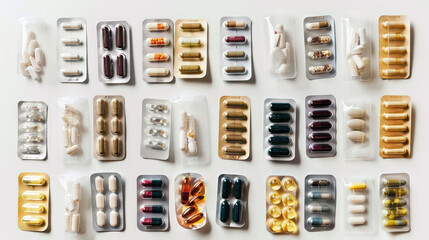 Assorted capsules and tablets in various packaging, showcasing range of colors and types. This image highlights diversity of dietary supplements and medications.