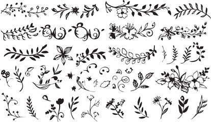 
Big set of decorative elements and vector graphics in a hand drawn floral ornament collection with line on a white background