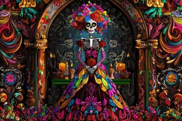 Colorful Calavera with Floral Wreath and Candles.