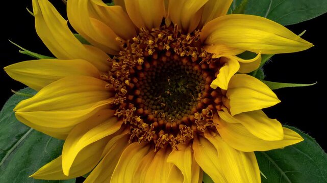 Macro time lapse opening Sunflower Head, isolated on black background