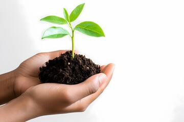 Hands holding a small green plant with soil, symbolizing growth, nature, and environmental care on a white background.