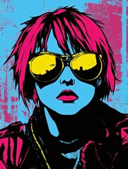 Naklejka premium A stylish woman with pink hair, yellow sunglasses, and a blue and pink grunge background.