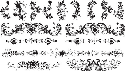 
Big set of decorative elements and vector graphics in a hand drawn floral ornament collection with line on a white background