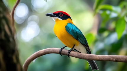 Obraz premium Colorful bird with bright plumage perched on a tree branch in a lush natural environment