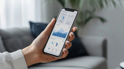 hand holding a phone displaying a dashboard