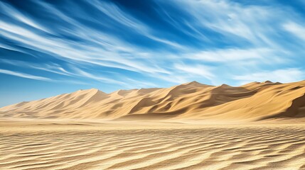 Fototapeta premium A wide shot of a desert landscape with rolling sand dunes under a blue sky with white clouds.
