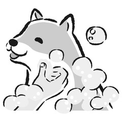犬をシャンプーする手描きイラスト