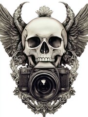 A human skull with wings holding a vintage camera.