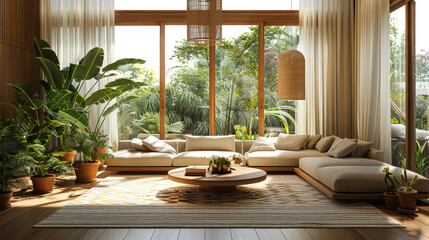 Interior design, modern natural wood living room featuring expansive floor-to-ceiling windows with sheer curtains