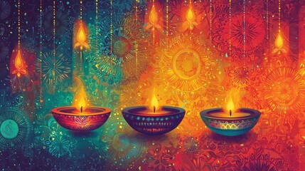 Colorful Diwali Diyas with Intricate Floral Background.