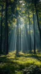 Naklejka premium Serene Forest with Sun Rays and Mist