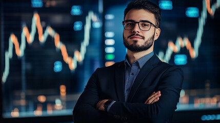 Businessman with arms crossed in front of a stock market graph modern portrait investment background analysis