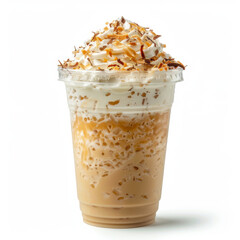 Glass of fresh coconut healthy smoothie on white background