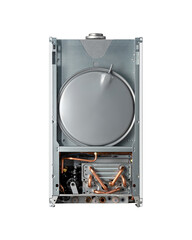 Condensing gas boiler with digital control, display for heating regulation, gas flow control. Control panel with buttons and screen. Copy space. Isolate on white background. Back view. Close-up.