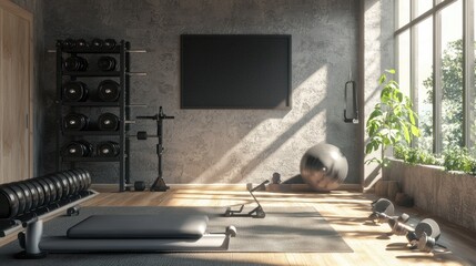Modern Home Gym Interior With Concrete Wall And Black Frame.