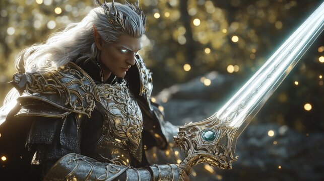 A majestic elf warrior with long silver hair and a glowing sword, standing in a mystical forest.