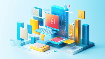 Abstract 3D Illustration of a Computer with Geometric Shapes.