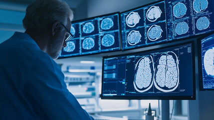 Doctor use computer AI technology support in managing large volumes of patient data, ensuring data integrity, and facilitating easy access for more informed medical decisions.