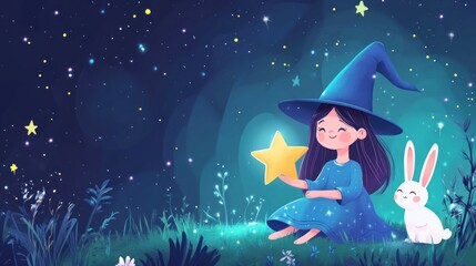 A Little Witch Holding a Star in a Magical Forest