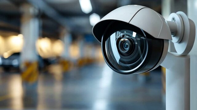 LPR camera in modern parking lot, high-tech solution, vehicles and spaces,