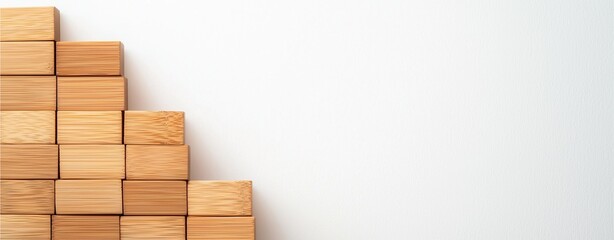 Wooden Background: Stack of wooden blocks on a minimalist white background.