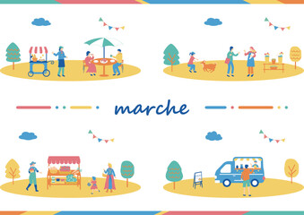 Obraz premium マルシェ 休日のマーケットで楽しむ人々