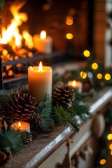 A cozy fireplace mantle decorated with pine cones, garlands, and lit candles