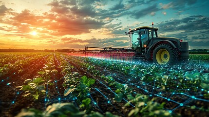 A tractor sprays a field at sunset with glowing lines representing modern agricultural technology.