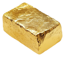 Shiny gold ingot resting on a plain surface, cut out - stock png.