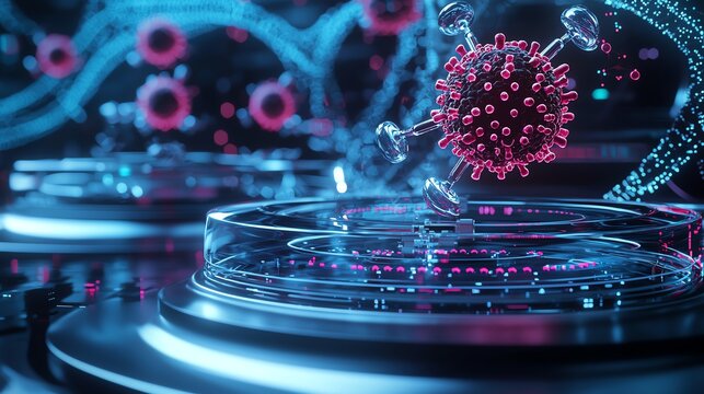 A virus model sits on a petri dish in a futuristic laboratory setting. The image represents scientific research and biotechnology.