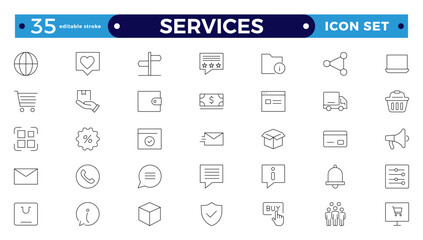 Services icon collection set. Containing justice, lawyers, notaries, law, immigration, advocacy, e-commerce, finance, accounting, vector, business, and communication. Editable stroke outline icon.