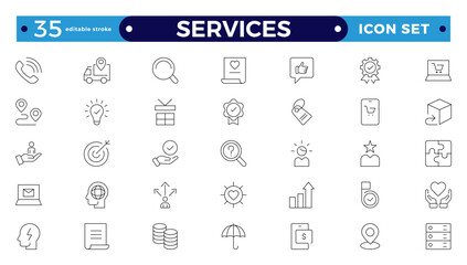 Services icon collection set. Containing justice, lawyers, notaries, law, immigration, advocacy, e-commerce, finance, accounting, vector, business, and communication. Editable stroke outline icon.