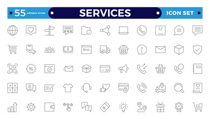 Services icon collection set. Containing justice, lawyers, notaries, law, immigration, advocacy, e-commerce, finance, accounting, vector, business, and communication. Editable stroke outline icon.