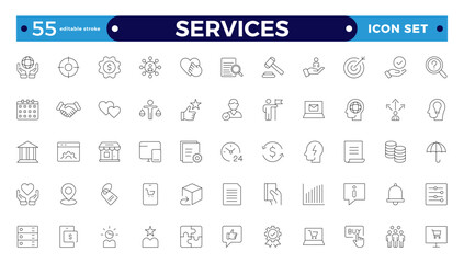 Services icon collection set. Containing justice, lawyers, notaries, law, immigration, advocacy, e-commerce, finance, accounting, vector, business, and communication. Editable stroke outline icon.