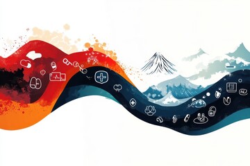 Obraz premium An artistic representation of waves flowing with healthcare symbols, symbolizing the dynamic nature of healthcare access and delivery.