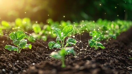 Close-up of young green seedlings in fertile soil being watered by a gentle rain shower. Sunlight illuminates the scene.