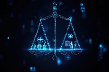 A digital representation of a scale balancing healthcare symbols (like doctors, patients, and health insurance) on one side, emphasizing the equity and balance sought by the Affordable Care Act.