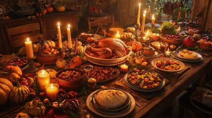 Festive Thanksgiving Dinner Table Setting.