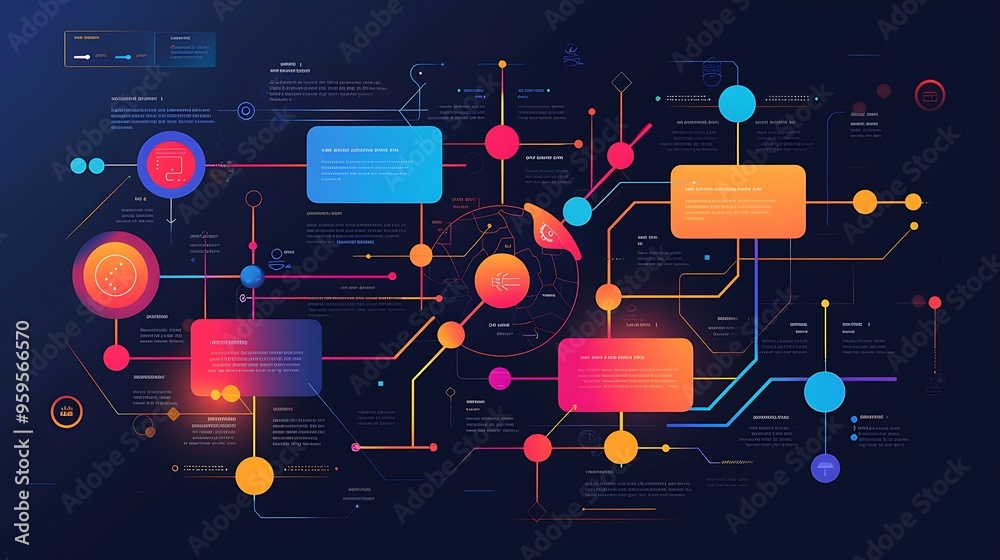 Poster abstract illustration depicting a complex network of interconnected elements representing technology