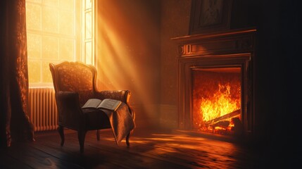 Warm and Cozy Fireplace with Sunlight Streaming in.