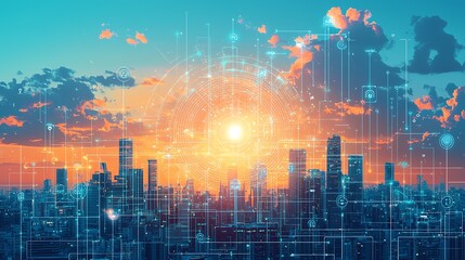 Sunset over a city skyline with digital network lines connecting buildings.  Abstract illustration of a technological future.